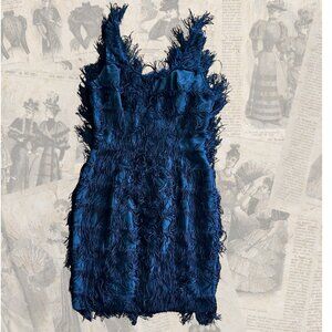 Vintage Roberta Fringe Flapper Cocktail Dress Black Textured Party Dress S - EVC